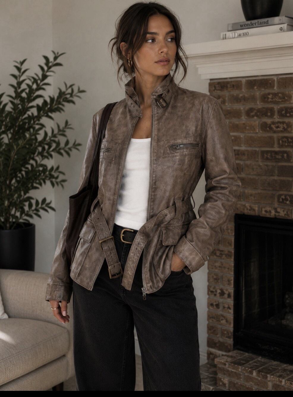 Vintage Vera Pelle Leather Jacket Womens Large Brown Made in Italy Biker Sz 48